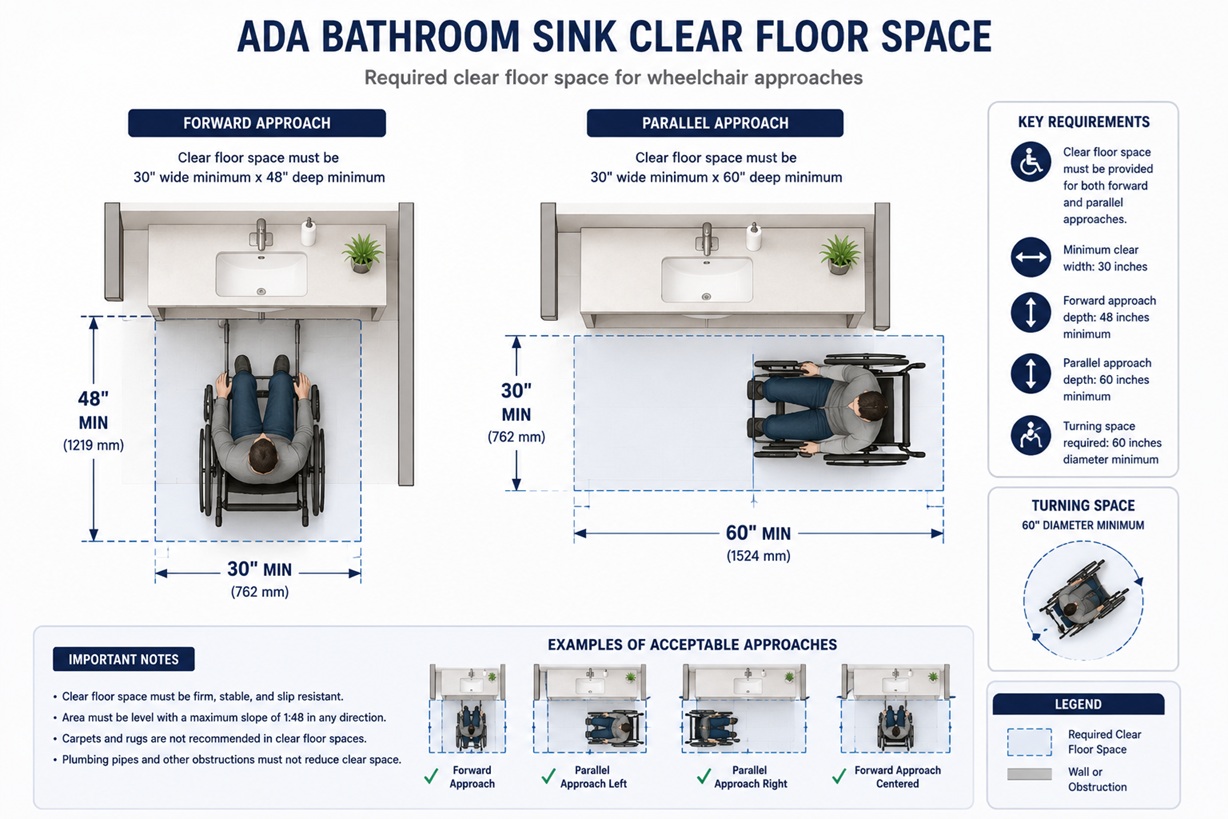 ADA bathroom sink clear floor space diagram showing forward approach, parallel approach, wheelchair maneuvering space, turning radius, and required clear floor dimensions